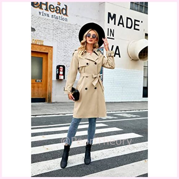 Double Breasted Long Trench Coat Windproof Lapel Slim Overcoat with Belt - Picture 5 of 7